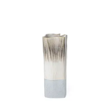 12" Brown Light Blue And Off White Color Block Square Ceramic Table Vase