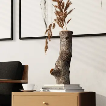 14" Brown Faux Bois Cylinder Polyresin Table Vase