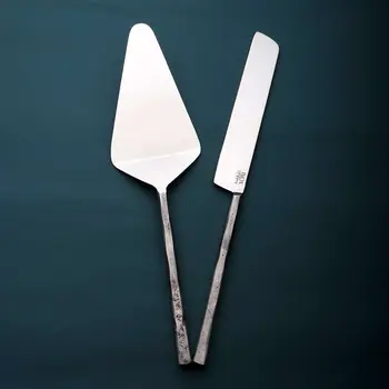 Hammered Silver Stainless Steel Two Piece Hand Forged Cake Knife