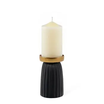 6" Black And Gold Striped Aluminum Tabletop Pillar Candle Holder