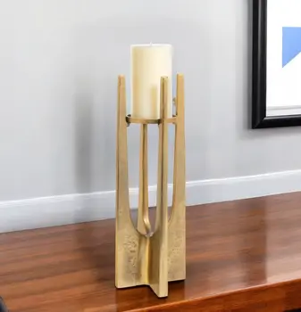 16" Gold Distressed Aluminum Geometric Tabletop Pillar Candle Holder