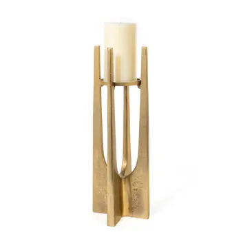 16" Gold Distressed Aluminum Geometric Tabletop Pillar Candle Holder