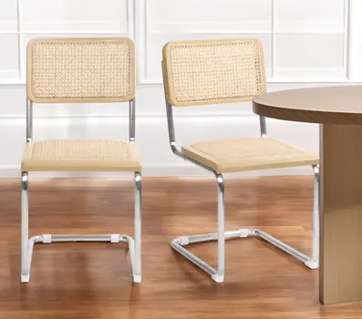 Set of Two Natural and Silver Steel Open Back Dining Side Chairs