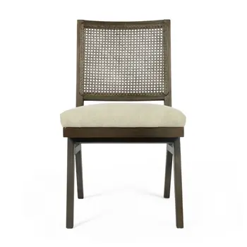 Set of Two Dark Brown And Gray Wood Cane And Upholstery Dining Side Chairs
