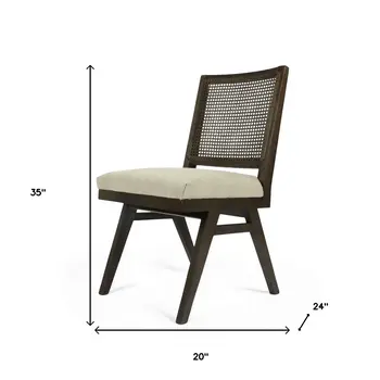 Set of Two Dark Brown And Gray Wood Cane And Upholstery Dining Side Chairs
