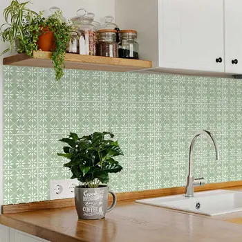 6" x 6" Green Vinyl Arabesque Peel And Stick Removable Tiles