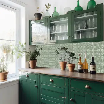 6" x 6" Green Vinyl Arabesque Peel And Stick Removable Tiles