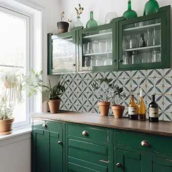 8" x 8" Dark Green Vinyl Arabesque Peel And Stick Removable Tiles