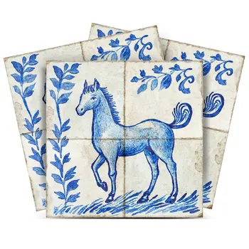 4" x 4" Blue Vinyl Arabesque Peel And Stick Removable Tiles