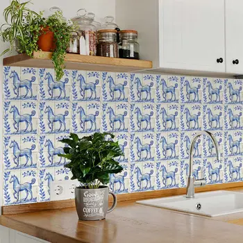 4" x 4" Blue Vinyl Arabesque Peel And Stick Removable Tiles