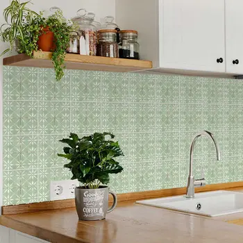 6" x 6" Green Vinyl Arabesque Peel And Stick Removable Tiles