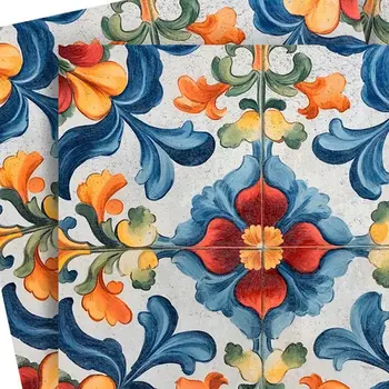 4" x 4" Blue And Red Vinyl Arabesque Peel And Stick Removable Tiles