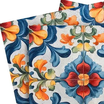 5" x 5" Blue And Red Vinyl Arabesque Peel And Stick Removable Tiles