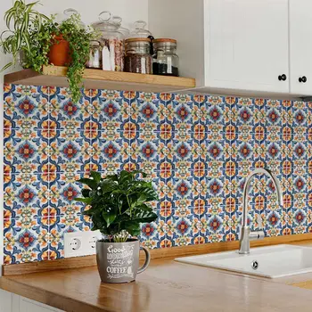 6" x 6" Blue And Red Vinyl Arabesque Peel And Stick Removable Tiles