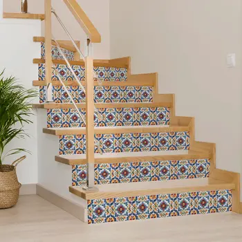 7" x 7" Blue And Red Vinyl Arabesque Peel And Stick Removable Tiles