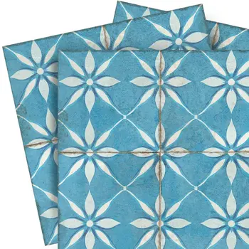 5" x 5" Blue And White Vinyl Arabesque Peel And Stick Removable Tiles