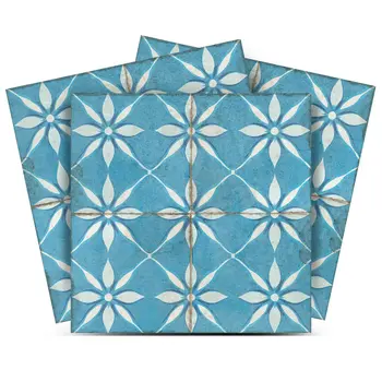 5" x 5" Blue And White Vinyl Arabesque Peel And Stick Removable Tiles