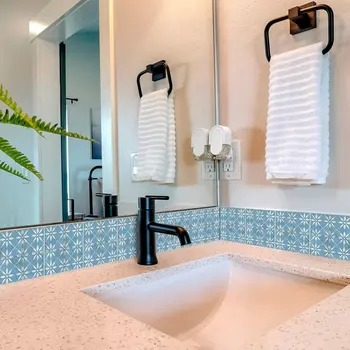 5" x 5" Blue And White Vinyl Arabesque Peel And Stick Removable Tiles