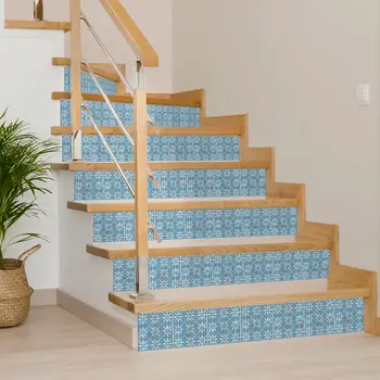 5" x 5" Blue And White Vinyl Arabesque Peel And Stick Removable Tiles