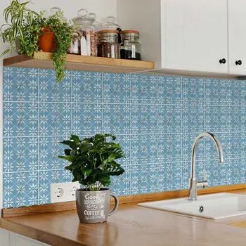 8" x 8" Blue And White Vinyl Arabesque Peel And Stick Removable Tiles