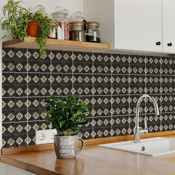 8" x 8" Beige And Black Vinyl Arabesque Peel And Stick Removable Tiles