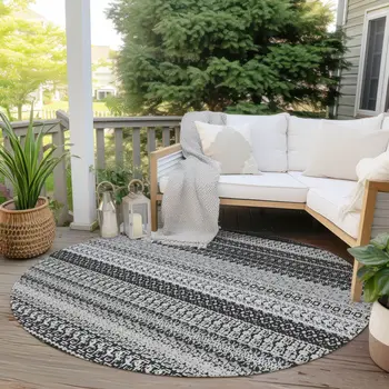 8' Black Round Striped Washable Indoor Outdoor Area Rug