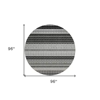 8' Black Round Striped Washable Indoor Outdoor Area Rug