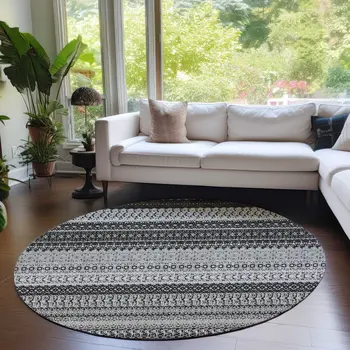 8' Black Round Striped Washable Indoor Outdoor Area Rug