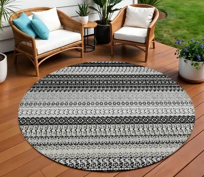 8' Black Round Striped Washable Indoor Outdoor Area Rug