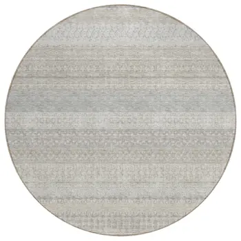 8' Ivory Round Striped Washable Indoor Outdoor Area Rug