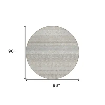 8' Ivory Round Striped Washable Indoor Outdoor Area Rug