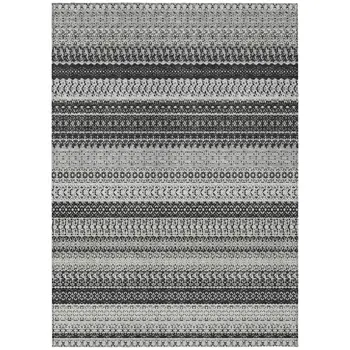 9' X 12' Black Striped Washable Indoor Outdoor Area Rug