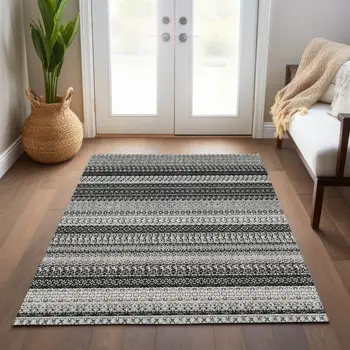 9' X 12' Black Striped Washable Indoor Outdoor Area Rug