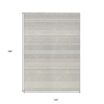 10' X 14' Ivory Striped Washable Indoor Outdoor Area Rug