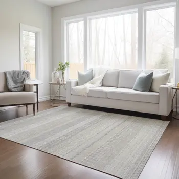 10' X 14' Ivory Striped Washable Indoor Outdoor Area Rug