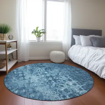 8' Blue Round Ikat Washable Indoor Outdoor Area Rug