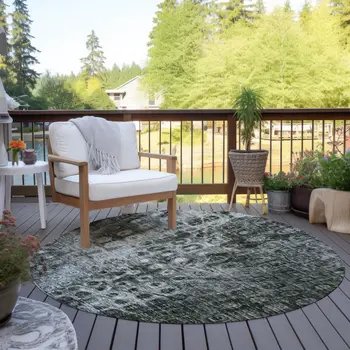 8' Charcoal Round Ikat Washable Indoor Outdoor Area Rug