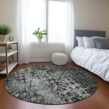 8' Charcoal Round Ikat Washable Indoor Outdoor Area Rug