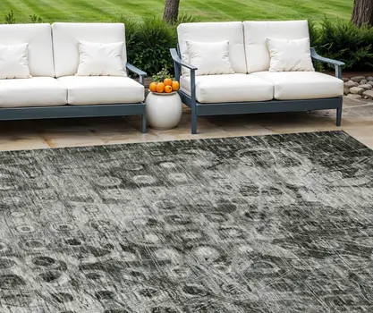 9' X 12' Charcoal Ikat Washable Indoor Outdoor Area Rug