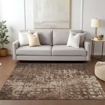 10' X 14' Chocolate Ikat Washable Indoor Outdoor Area Rug