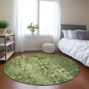8' Olive Green Round Ikat Washable Indoor Outdoor Area Rug