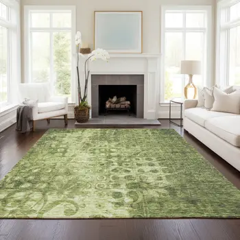 8' X 10' Olive Green Ikat Washable Indoor Outdoor Area Rug