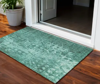 3' X 5' Teal Blue Ikat Washable Indoor Outdoor Area Rug