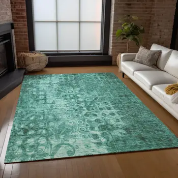 3' X 5' Teal Blue Ikat Washable Indoor Outdoor Area Rug