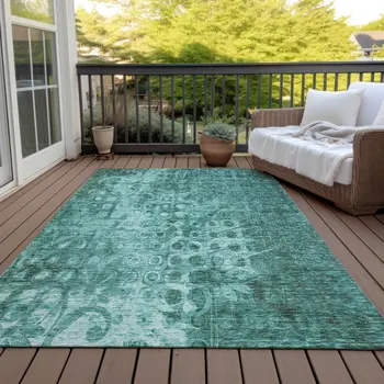 5' X 8' Teal Blue Ikat Washable Indoor Outdoor Area Rug