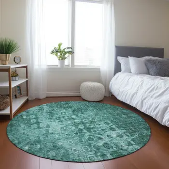 8' Teal Blue Round Ikat Washable Indoor Outdoor Area Rug