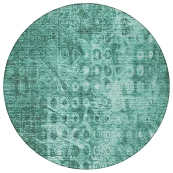 8' Teal Blue Round Ikat Washable Indoor Outdoor Area Rug