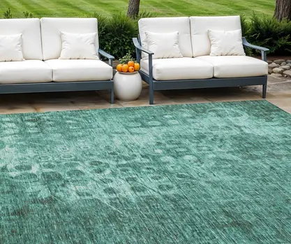 9' X 12' Teal Blue Ikat Washable Indoor Outdoor Area Rug