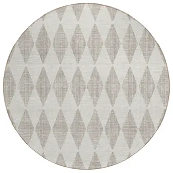 8' Beige Round Geometric Washable Indoor Outdoor Area Rug