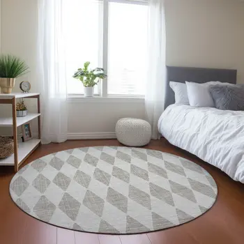 8' Beige Round Geometric Washable Indoor Outdoor Area Rug
